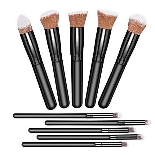 INKERLEE 10 Pcs Makeup Brushes, Professional Cosmetic Brush Set for Eyeshadow, Foundation Face Powder, Blending Blush, and Concealer (Black, 10 Pcs)