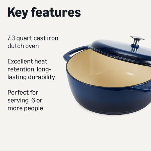 Image of Amazon Basics Enameled Cast Iron Dutch Oven Pot with Lid, Round, Dual Handles, Heavy-Duty, Oven Safe for Stews, Roasting, Baking, 7.3-Quart, Navy