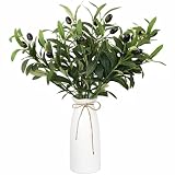 YELIKIT Rama de olivo artificial en jarrón, 5 tallos de vegetación sintética con jarrón de cerámica, ramas de olivo de 43 cm de alto, tallo falso para el hogar, oficina, granja, boda, arreglo de mesa