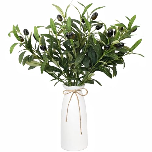YELIKIT Artificial Plant Olive Branch in Vase, 5PCS Faux Greenery Stems with Ceramic Vase, 16.9" Tall Olive Branches Fake Stem for Home, Office Farmhouse Wedding Arrangement Table Centerpiece Decor