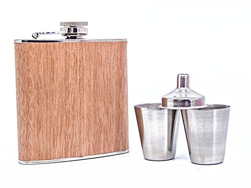 County Engraving Personalised 6oz Wooden Wrap Stainless Steel Hip Flask Set, Any Message Engraved at No Extra Cost - Enter Your Own Custom Text