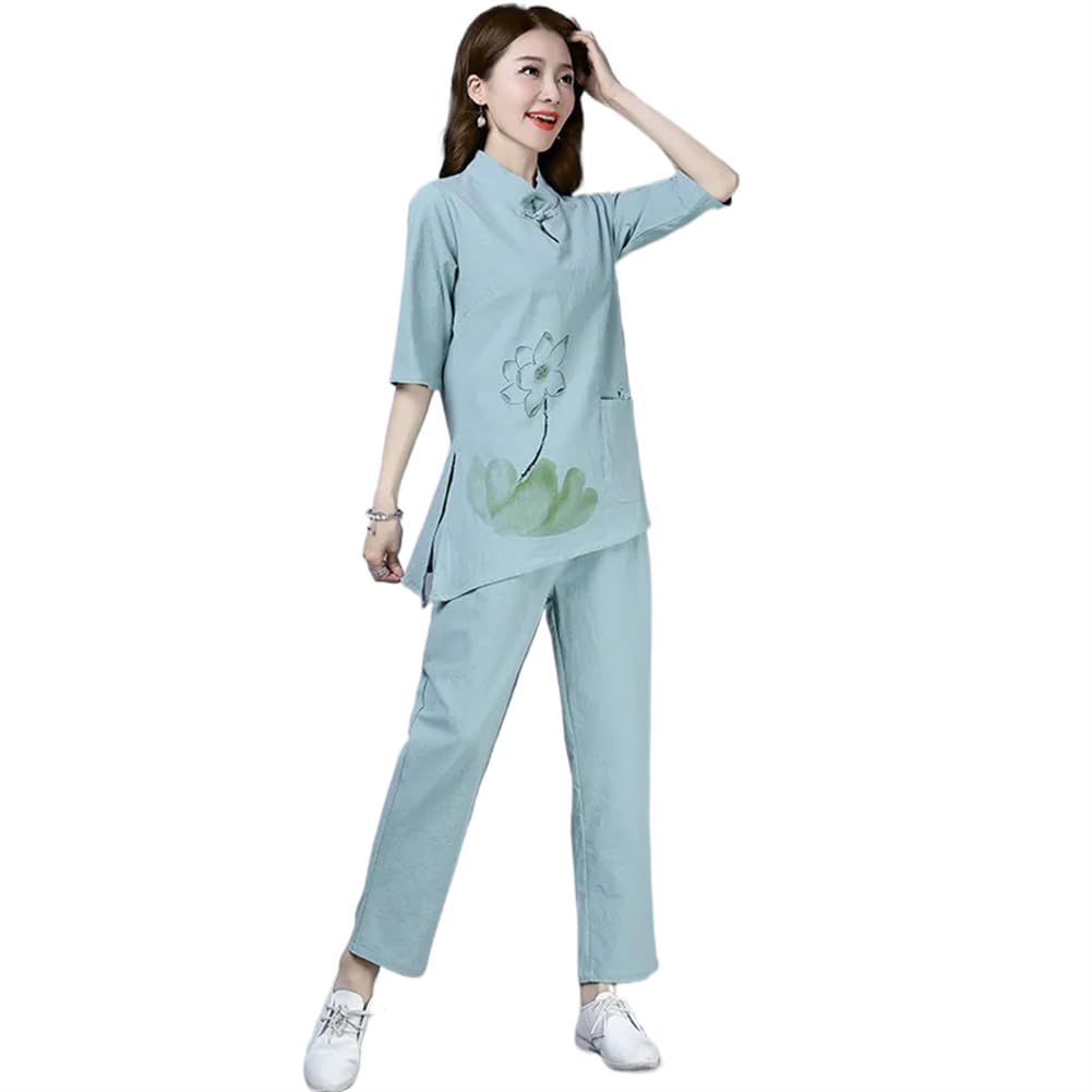 women tai chi uniforms linen loose sweatshirt casual kungfu yoga exercise set activewear