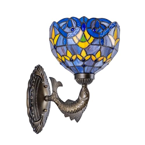Image of Blue Baroque Tiffany Wall Sconce 8 inch Stained Glass Wall Light with E26 Base Vintage Art Deco Wall Lamp for Bedroom Hallway Living Room Home Office