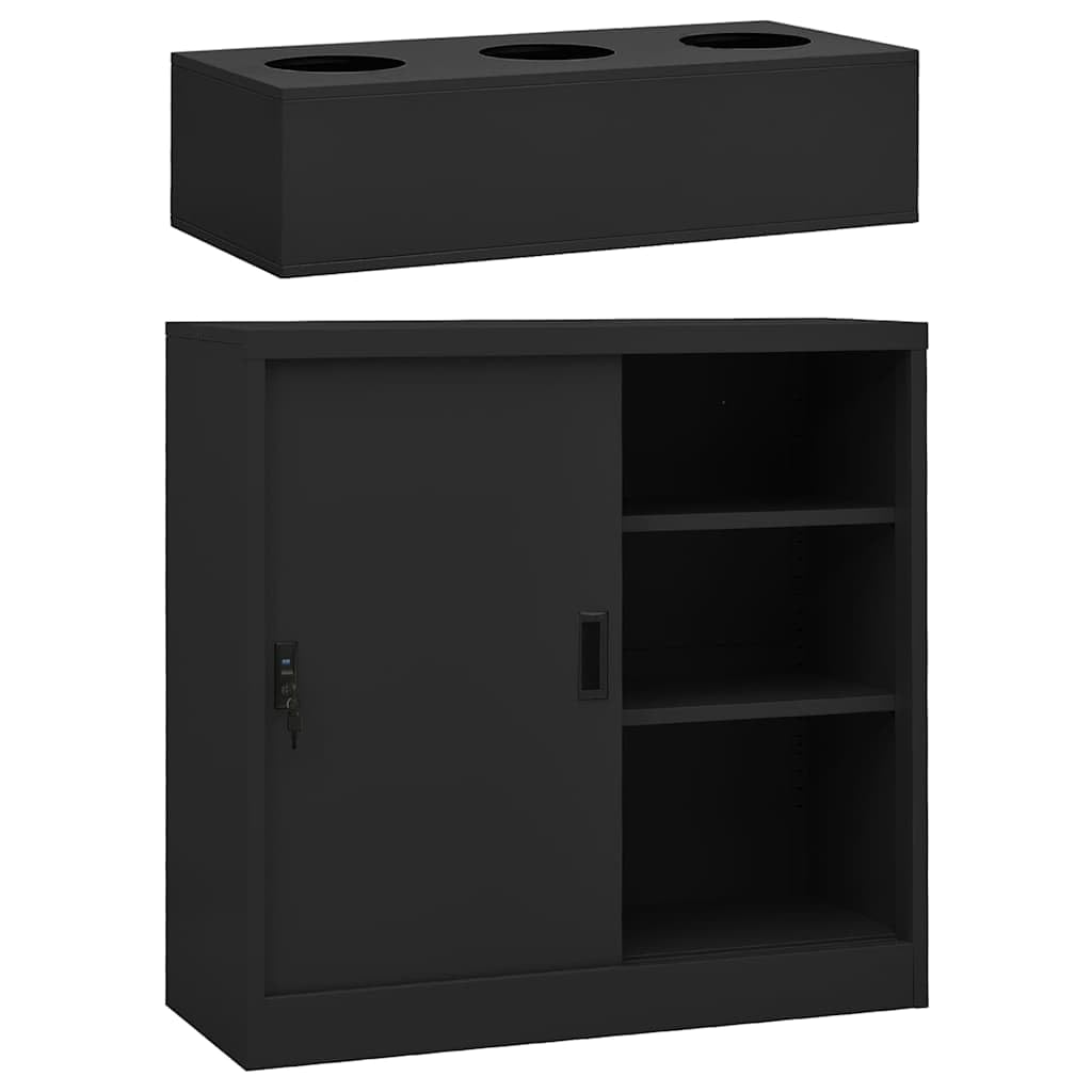 Armario con puertas correderas y jardinera de acero antracita de 90 x 40 x 113 cm con cerradura con 2 estantes para oficina, hogar, garaje, taller y pasillo para un almacenamiento seguro y