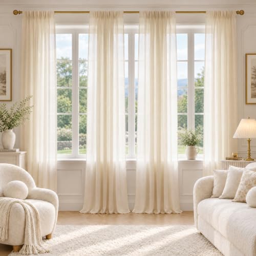 FMFUNCTEX Cream Sheer Curtains, 84 Inch, Rod Pocket, 4 Panels for Bedroom