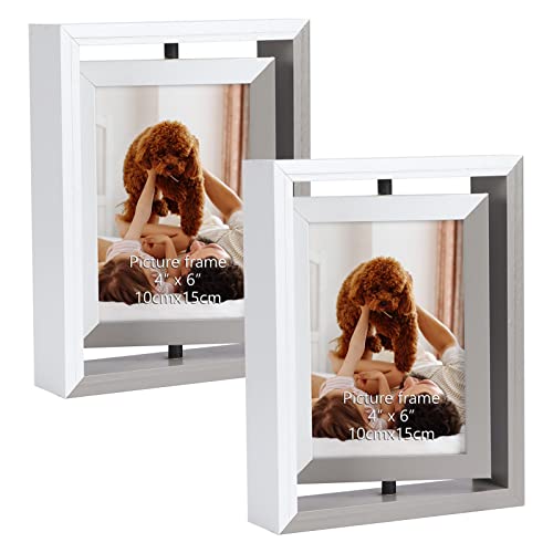 Exyglo 2 Pack 4X6 Picture Frames, Color Contrast Rotating Photo Frame Wooden 2 Sided Frames For Vertical Or Horizontal Tabletop Display, White+Grey #TOP5