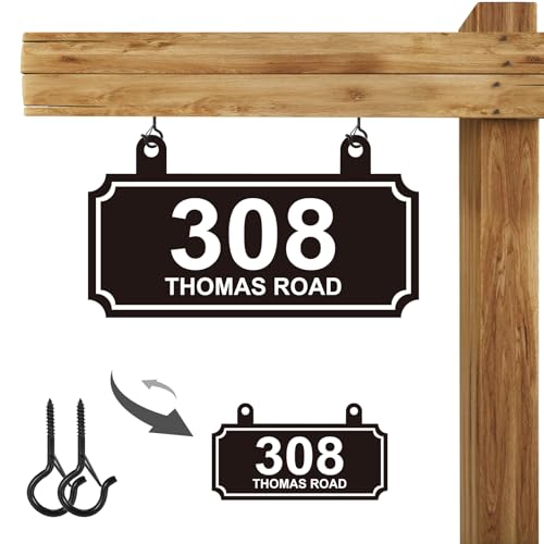 Hanging Address Sign DOUBLE SIDED, Personalized House Number Sign Plaque, Metal Address Plaque for Outside House,Mailbox,Lamp Post,Rust-Free Reflective Any Fonts & Colors with Hooks Kit (Style-01)