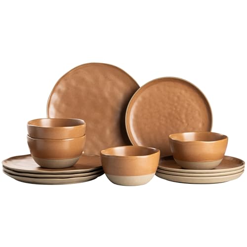 Dafuceramic 12 Pieces Dinnerware Sets,Plates and Bowls Sets, Handmade Reactive Glaze Dishes Set for 4 with at Least 10% Recycled Ceramic(Brownish Red)