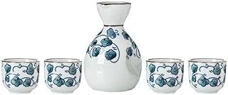 TJ Global 5-Piece Sake Set, Durable Ceramic Japanese Sake Set with 1 Carafe/Decanter/Tokkuri Bottle and 4 Ochoko cups for Hot or Cold Sake at Home or Restaurant - Blue Flowers