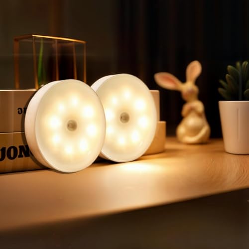 Image of ECOBSY Motion Sensor Light for Home Indoor Outdoor, Rechargeable Adhesive Led Night Light for Kitchen Cabinet Cupboard Stairs Wardrobe, Battery Operated, Automatic On Off (Round - Warm White, 2)