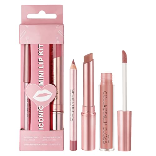 LOPHE Coffret 3 en 1 pour Lèvres: Crayon, Rouge à Lèvres Mat & Brillant Hydratant - Soin Vegan Longue Tenue, Cadeau quotidien ou de Festival, #01 Rose Nude