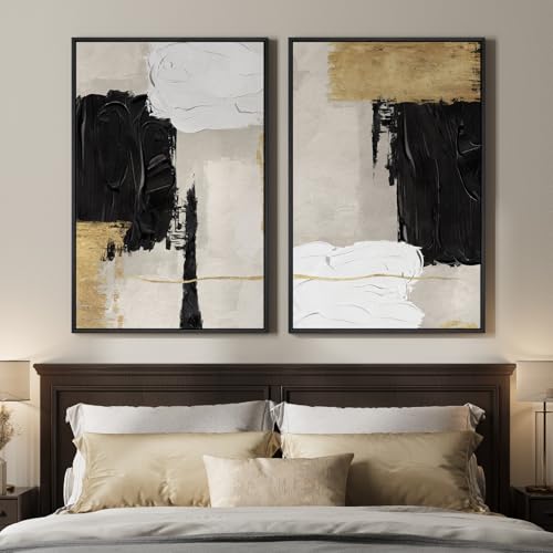 Framed Black White and Gold Abstract Wall Art for Living