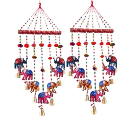 Rajasthani Elephant Wind Chime Wall Hanging, Set of 2 | Multicolour Beads, Golden Bells, Festive Home Decor, Traditional Design, Door/Wall Hanging-image-39