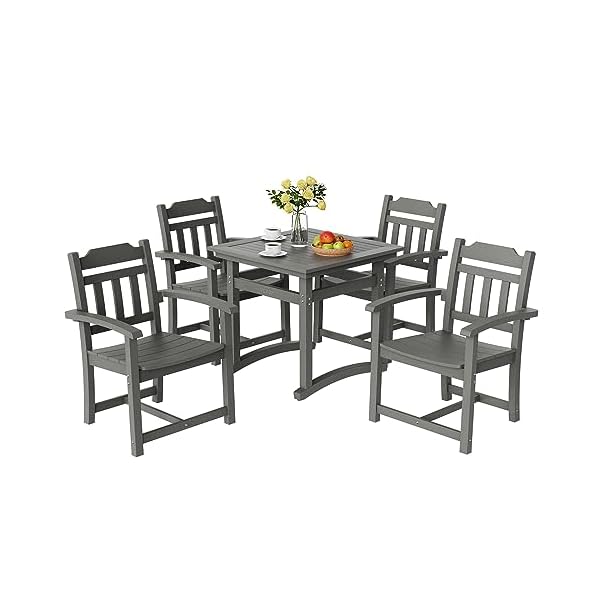 VEVOR Outdoor HIPS Patio Dining Set, 5 Pieces Patio Table and Chairs Set, All Weather Garden Square Furniture Table Sets, Patio Conversation Set, for Lawn, Deck, Backyard, Poolside, Light Gray