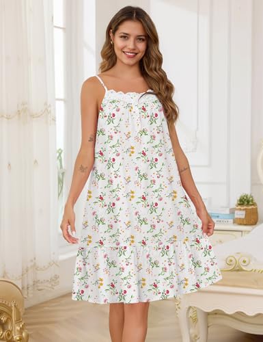 Image of SWOMOG 100% Cotton Nightgowns for Women Lace Sleeveless Sleep Dress Victorian Sleepshirt Button Strap Night Gown