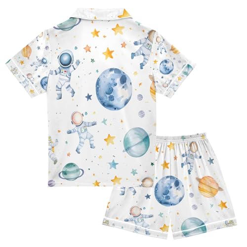 senya Watercolor Planets Astronauts Satin Summer Pajama Sets Silk Short Sleeve Button Down Sleepwear2
