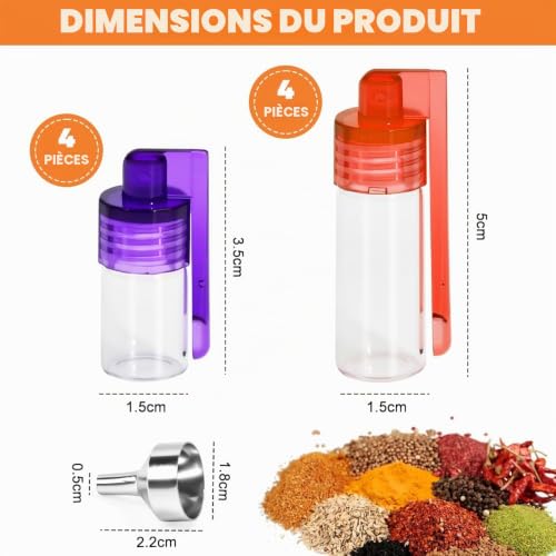 FuxFuis 8 PCS Flacons de Poudre à Épices, Bouteille à Épices Pot a Epices Mini Fiole a Epices avec Cuillere 2 Tailles Outils pour Épices en Poudre avec 1 Entonnoir pour Voyage, Plein Air, Pique-Nique – vue 2