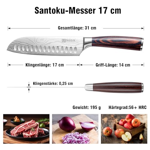 PAUDIN Santokumesser, Klingenlänge17 cm Kochmesser aus deutschem Messerstahl, Sushi Messer...