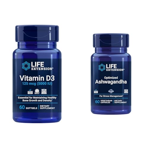 Image of Life Extension Vitamin D3 5000 IU, Ashwagandha - Stress Relief, Focus, Memory, Mood Support - Non-GMO Supplement Bundle