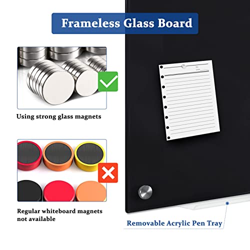Amusight Glass Dry Erase Board, Magnetic Glass Board, 48'' X 36'' Large Frameless Glass Board For Wall With Pen Tray, Black #TOP4