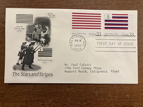 FIRST DAY COVER: THE STARS AND STRIPES Sons of Liberty Flag 1775 AND Official New England Flag 1775 Envelope is 3.6 x 6.5 with two 33-cent mail stamps. The condition is excellent; it is stamped and canceled JUN 14 2000. First Day Cover (FDC) is a cover (envelope or postcard) which has a stamp (or a series of stamps) affixed to it that has been canceled by the post office on its first day of issue. A cachet is artwork or design used to decorate the envelope cover. Most First Day Covers have the cachet located on the left-hand side of the envelop. FDC1140