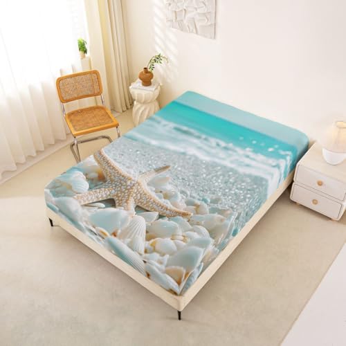 Image of jejeloiu Summer Beach Bed Sheets Set King Size Sea Bed Set for Kids Boys Girls Ocean Deep Pocket Fitted Sheet Starfish Breathable Soft Lightweight Microfiber