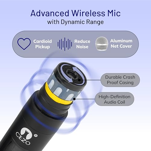 Image of CEZO Wireless Microphone Dual UHF Dynamic Handheld Wireless Microphone System for iPhone, Computer, Karaoke, Conference, DJ, Vocal Recording, Singing, Church, on Stage Performance, Party Events