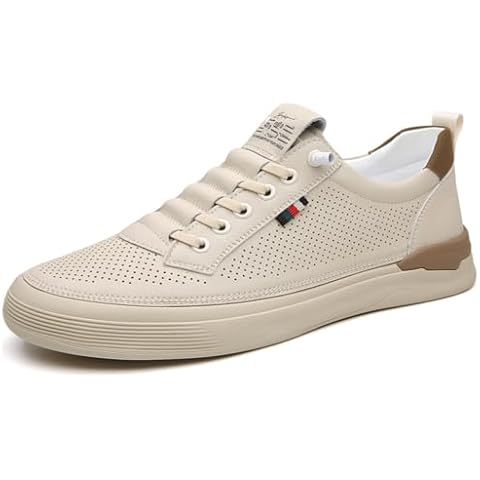 WELRUNG Men's Genuine Leather Lace Up Fashion Loafers Sneakers Casual Walking Driving Shoes Size 8.5 Brown Beige Cover
