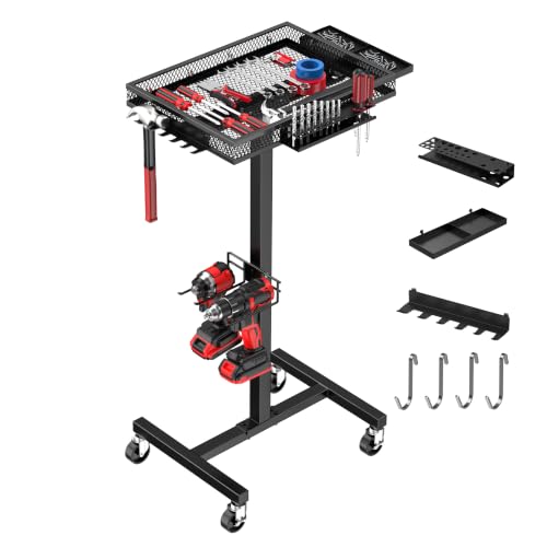 Image of Metal Rolling Tool Tray with Wheels, Mobile Mechanic Work Cart | Rolling Work Table with Side Tool Slots & Mesh Tray, Ideal for Garage & Workshop