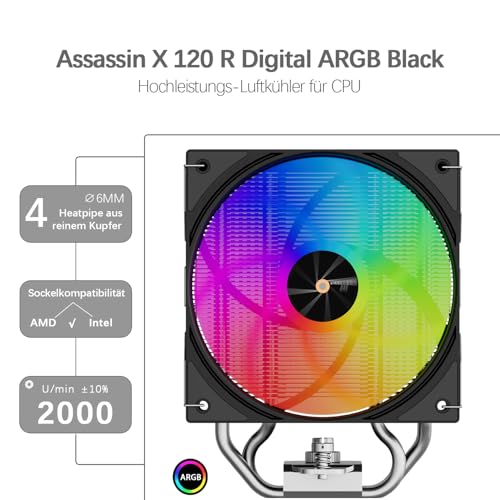 TR-Thermalright Assassin X 120 Digital ARGB Black,chłodzenie CPU,4×6 mm rurki cieplne,wentylator PWM 120mm-2000 obr./min,pokrywa górna z wyświetlaczem cyfrowym, dla AM5/AM4,Intel LGA1851/1700,Czarny