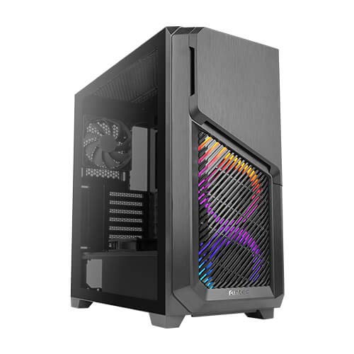 Antec DP502 フラックス F-LUX プラットフォーム 強化ガラス製サイドパネル スイングオープンフロントパネル&LEDストリップ 3 x 120 mm ARGB 1 x 120 mm リバース & 1 x 120 mm ファン付属 ATX ゲームケース - DP502 Flux US ブラック