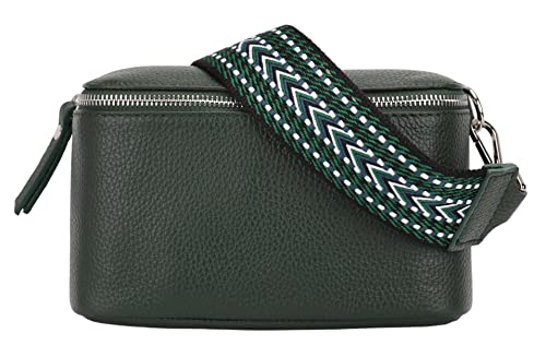 SH Leder echt Leder Damen stylisch Hüfttasche Brusttasche für Alltag Reise Festival Bauchtasche elegant Crossbody mit Verstellbarer welchsellbar Stoff Schultergurt 22x13cm Helena G494 (Dunkelgrün, M)