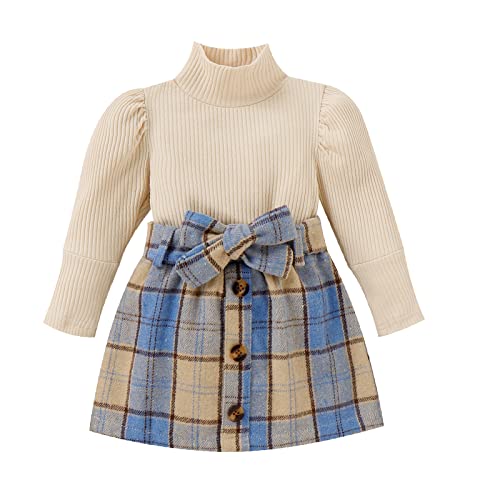 Image of Mstrrouning Toddler Baby Girl Spring Winter Clothes Ribbed Turtleneck Top Plaid Bow Button Skirts 2Pcs Outfits