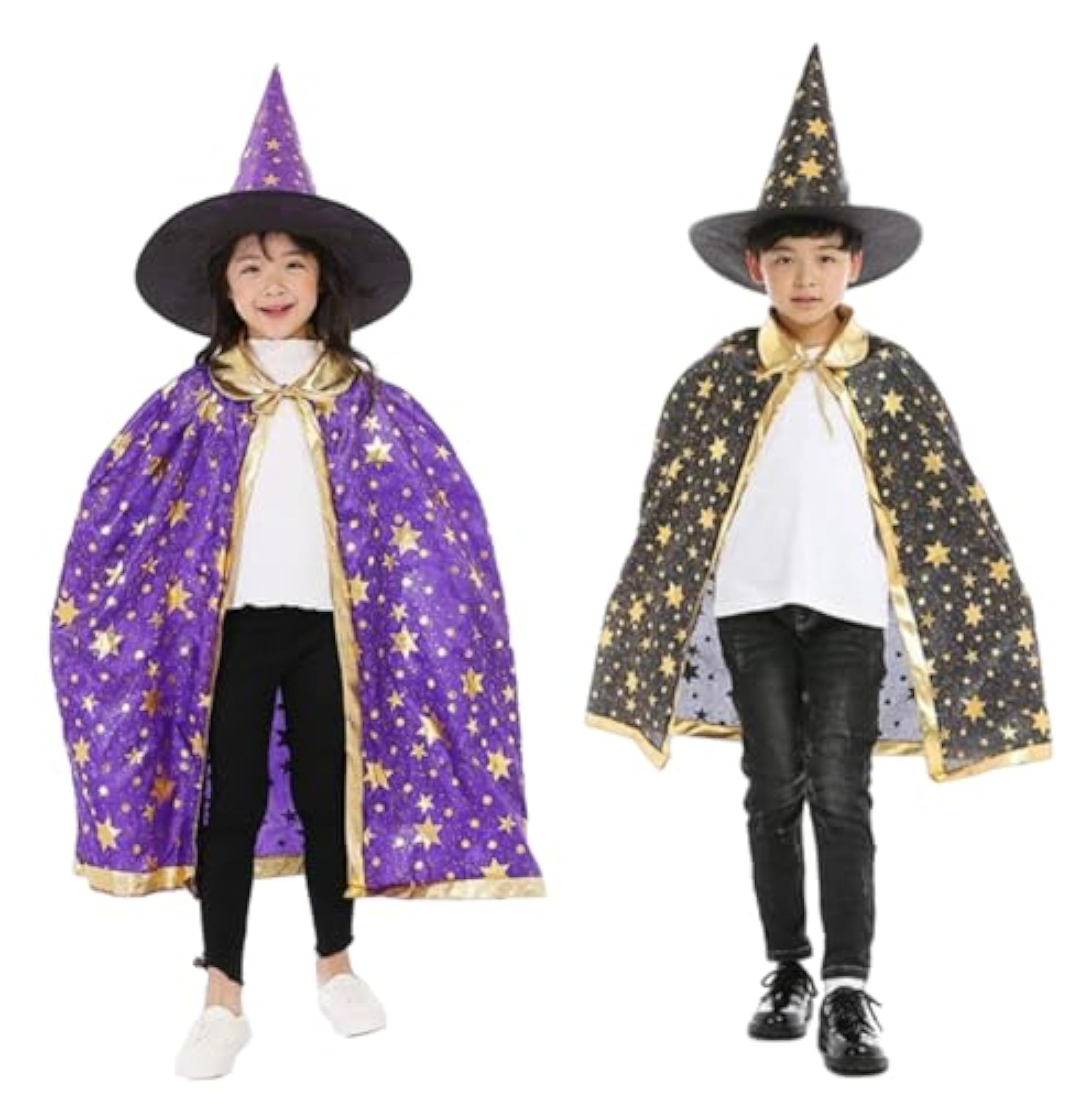 2 Piezas Disfraz Halloween, Capa Mago, Capa Bruja, Capa Estrella, Sombrero Mágico con Traje Sombrero(Negro, Morado)