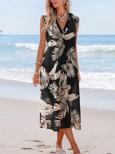 Image of CUPSHE Women's Swimsuit Coverup Casual Sleeveless Side Split Long Cardigans V Neck Midi Beach Dress