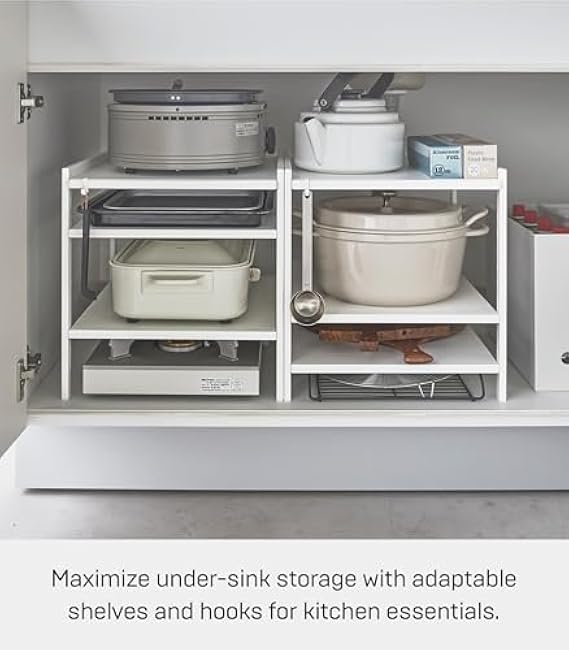 Yamazaki Home Tower Adjustable Steel Kitchen Storage Rack - Heavy-Duty Shelves for Hot Plates, Pans, and Pots, Versatile Under-Sink Or Cabinet Organizer, 14 - Steel