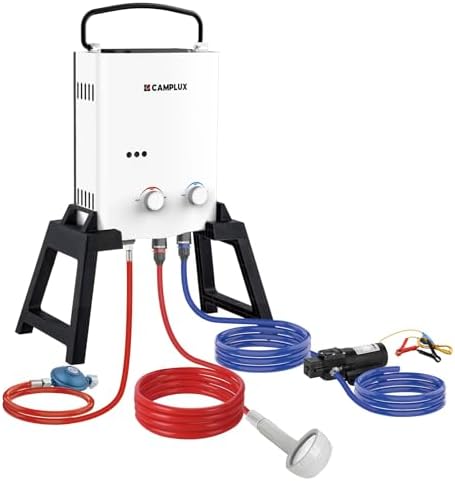 CAMPLUX Calentador de Agua de Gas con Bomba de Agua & Soporte, 5 Litros, GLP, 50mbar, AY132Max-DE con Bolsa de Transporte