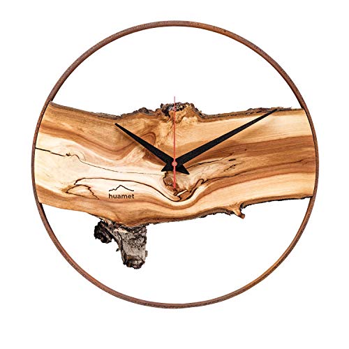 huamet. Holz Wanduhr WUHRZEL, Apfelbaum mit rostigem Metallring, rund - wahrhaftiges Unikat, geräuschlos ohne Ticken - Qualitätsprodukt Made in Südtirol - CH70-A-04