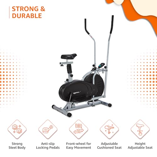 Image of AmazonBasics 2-in-1 Exercise Bike & Cross Trainer with 8 Resistance Levels, Adjustable & Cushioned Seat for Full Body Workout, Max User Weight 100 Kg