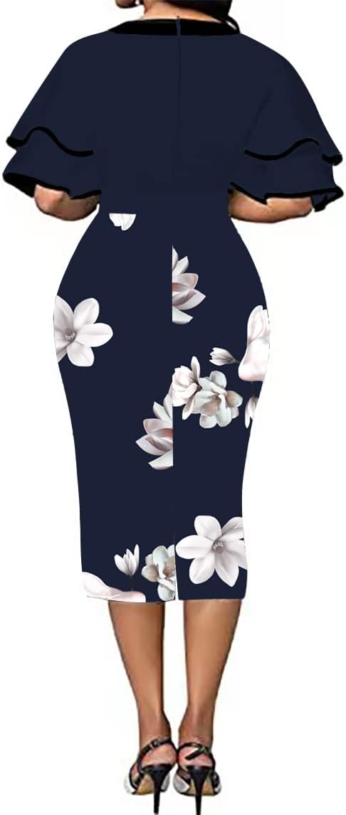 BOGURST Women Dress for Work 2024 Business Pencil Dresses Elegant Fitted Ruffle Sleeves Dress