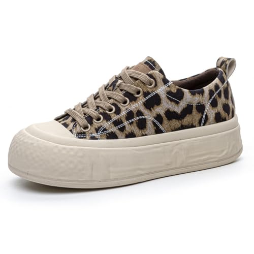 MiaZane Zapatillas De Plataforma Gruesa para Mujer De Cuero con Cordones Punta Redonda Casuales De Lona para Caminatas Urbanas Y Salidas Diarias,Leopard Print,38 EU