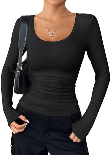 Women's Long Sleeve Scoop Neck Slim Fitted Shirts Casual Ribbed Knit Tops Spring Fall Basic Tee