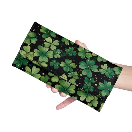 Image of AFPANQZ Women's Leather Wallet Women Wallets, Four Leaf Print Soft Leather Trifold Large Capacity Ladies Travel Purse Dust Resistnt Wallet