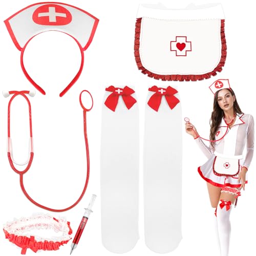 Lets Joy 7PCS Conjunto de Accesorios de Enfermera Disfraz, Disfraz Enfermera Halloween Mujer, con Diadema, Estetoscopio, Liga y Jeringa, Disfraces Fiesta Carnaval Halloween