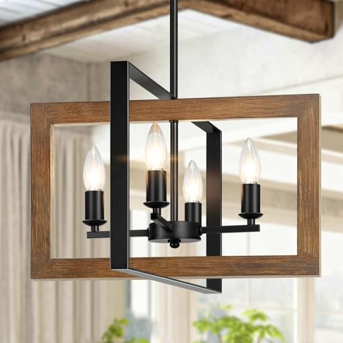 11'-55' Height Adjustable Real Wood Chandelier, No Assembly Required 4-Light Rustic Dining Room...
