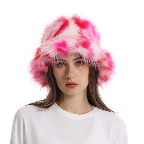 Fuzzy Bucket Hat for Women Winter Fluffy Furry Plush Faux Fur Hats Rainbow Cute Women's Bucket Hats