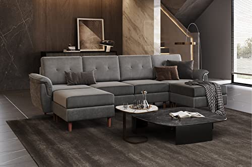 LINSY HOME Modular Sectional Sofa, Velvet Sectional Sofa Couch with Memory Foam, U Shape 6 Seat Modular Sectionals with Two Ottomans, Sleeper Sofa Couches with Chaise for Living Room, Grey