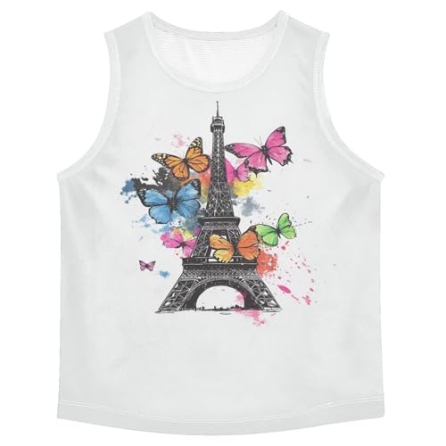 Boys Tank Top Shirts Eiffel Tower Colored Butterfly Sleeveless T-Shirts Crew Neck for Kids Clothing Children