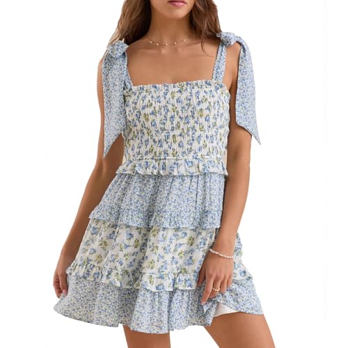 Image of Women Tie Shoulder Mini Dress Floral Ruffle Babydoll Dress Boho Square Neck Sundress Cute Summer Dresses