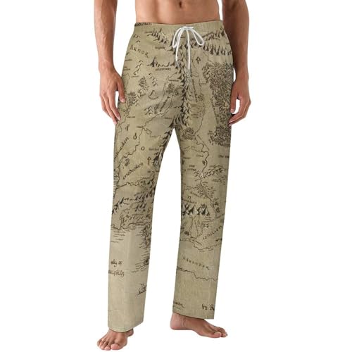 Middle Earth Map Pattern Mens Pajama Pants Wide Leg Sleep Drawstring Sleepwear Casual Loungewear